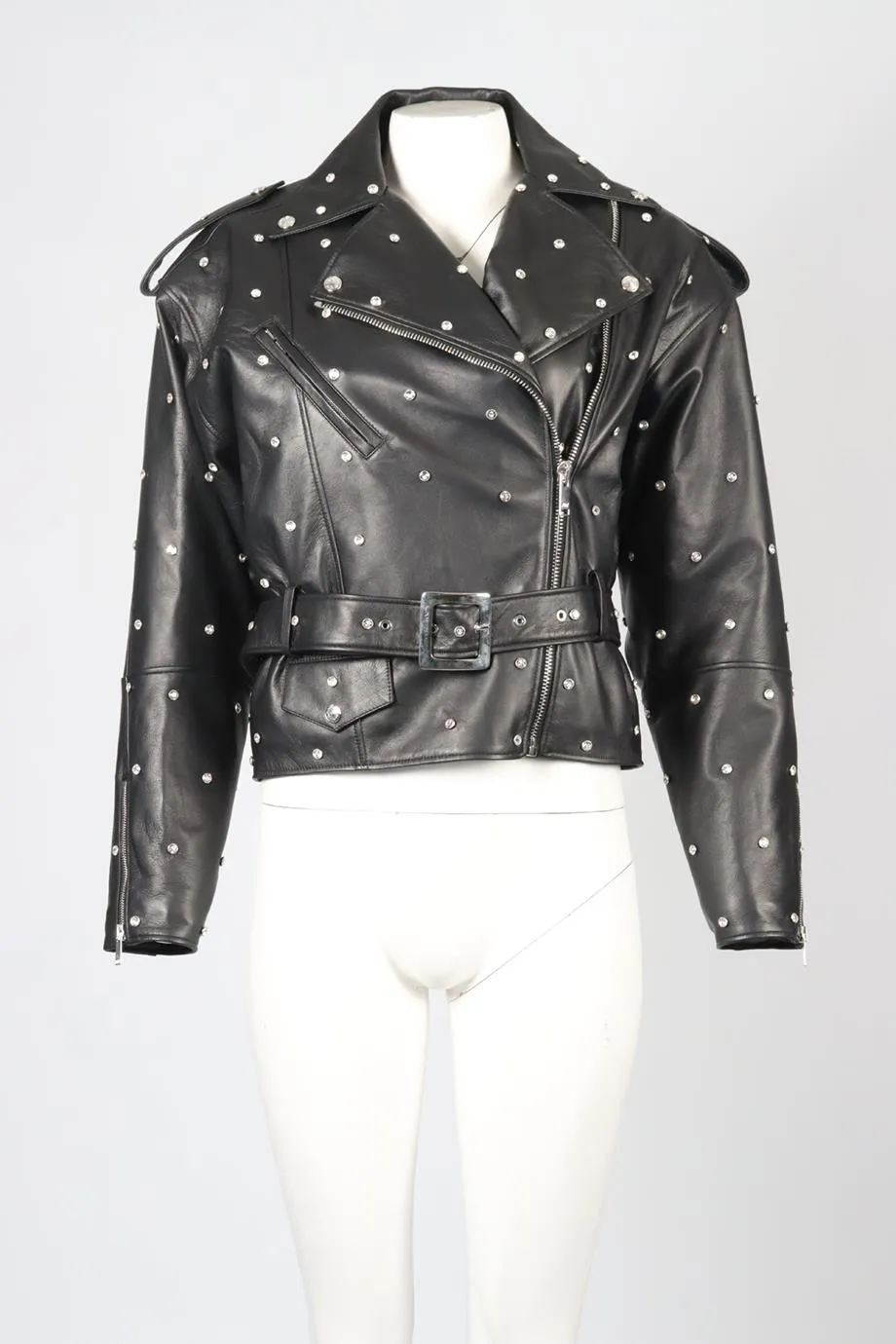 ALEXANDRE VAUTHIER 2023 CRYSTAL AND LEATHER BIKER JACKET FR 36 UK 8