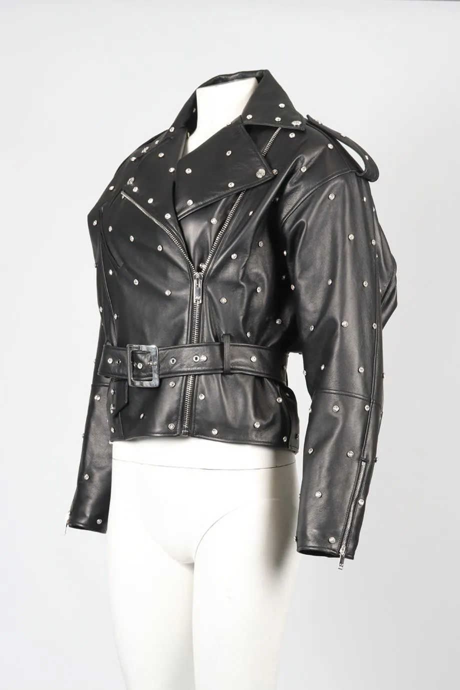 ALEXANDRE VAUTHIER 2023 CRYSTAL AND LEATHER BIKER JACKET FR 36 UK 8