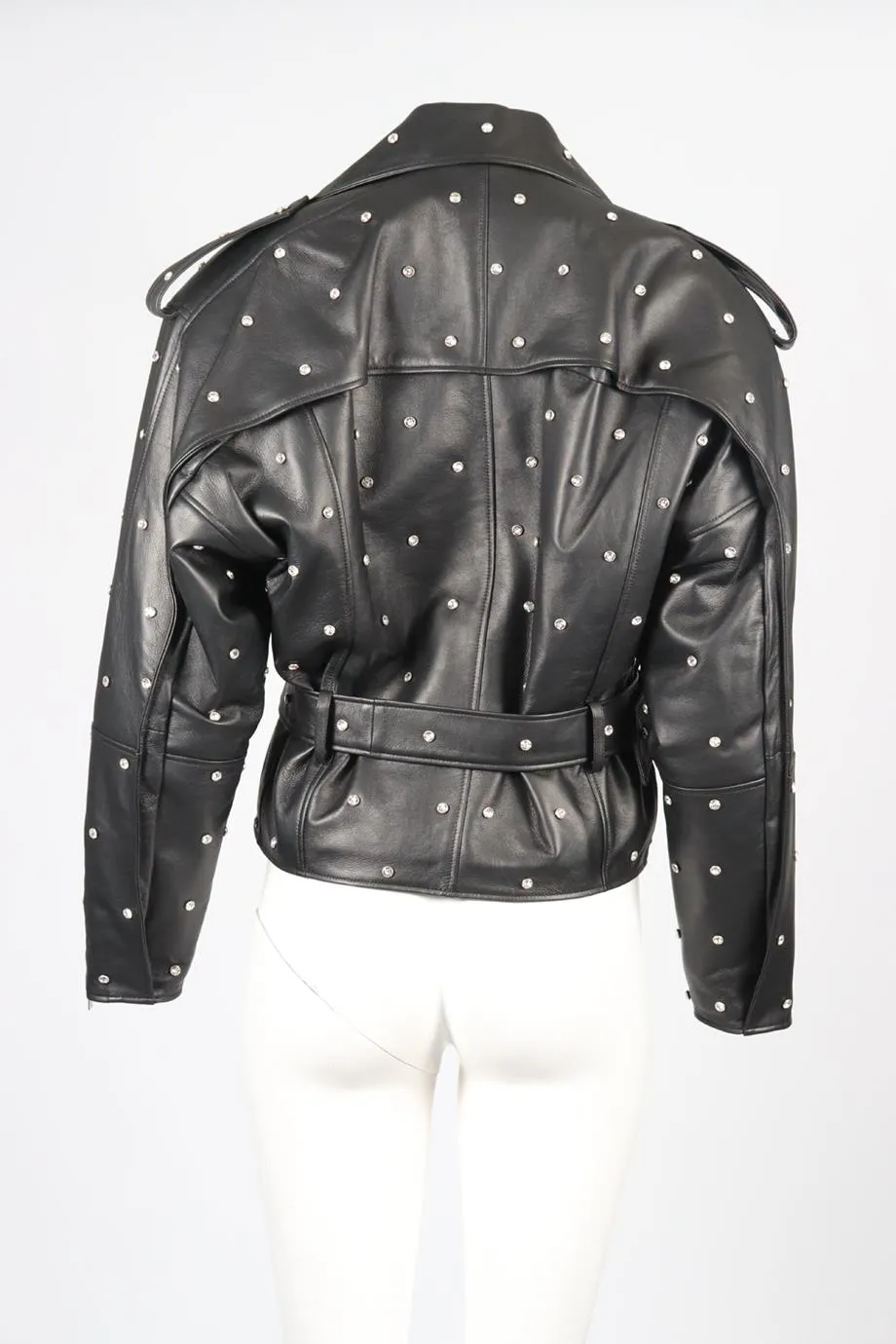 ALEXANDRE VAUTHIER 2023 CRYSTAL AND LEATHER BIKER JACKET FR 36 UK 8