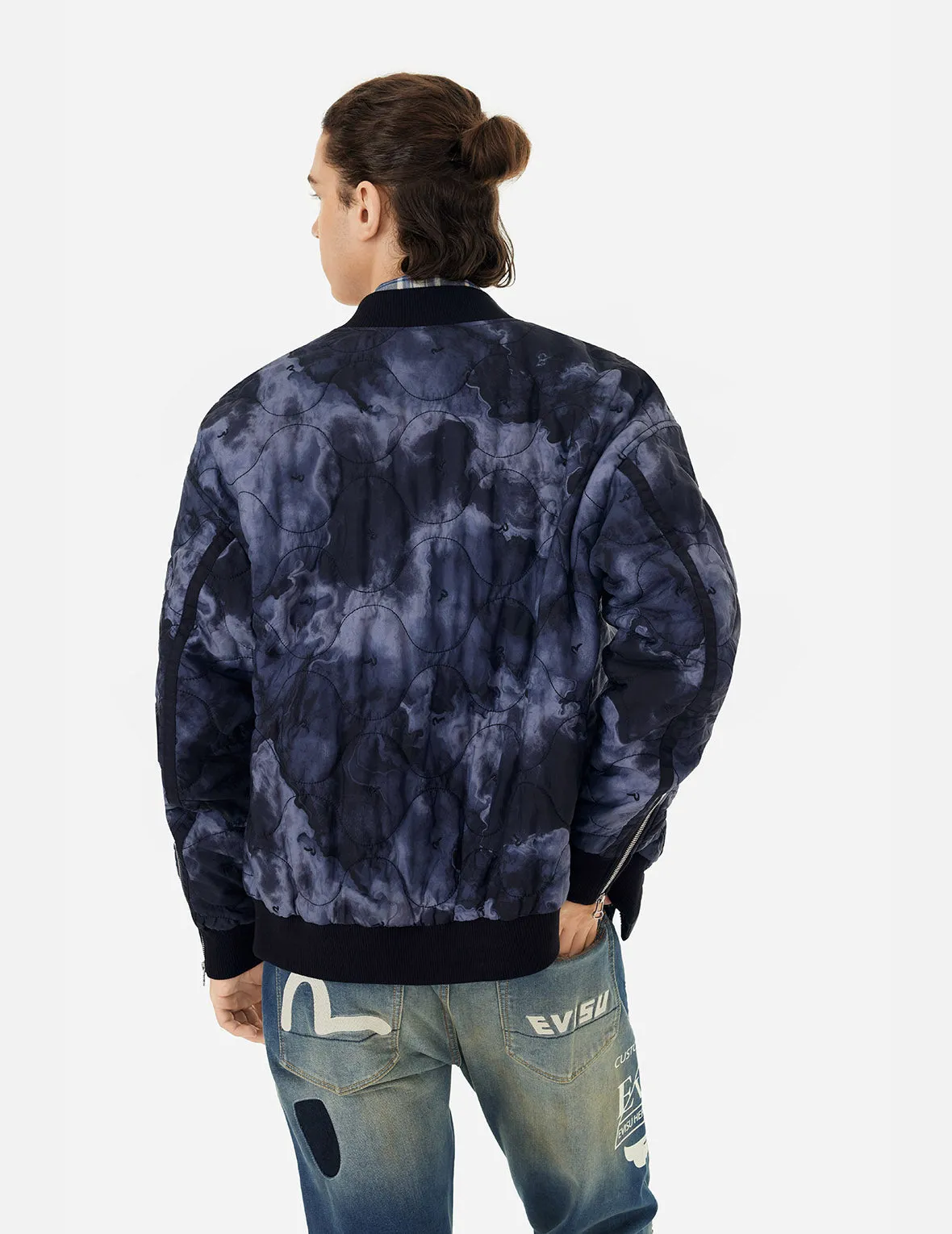 Allover Seagull Embroidery Tie-Dye Loose Fit Padded Bomber Jacket