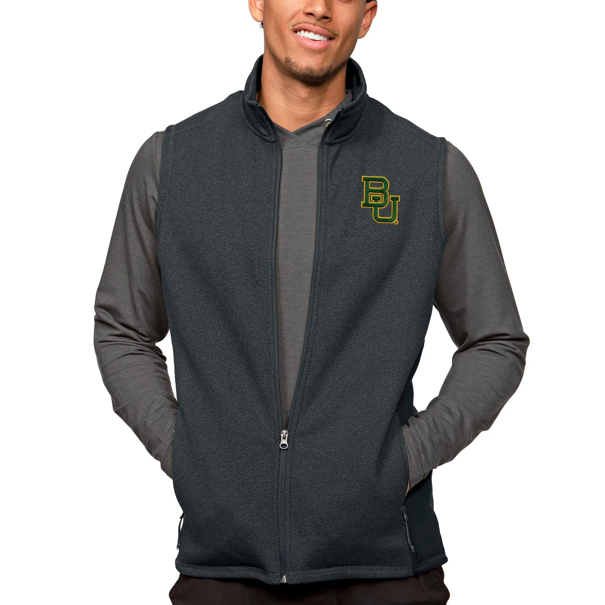 Antigua Baylor Bears Heather Charcoal Course Full-Zip Vest