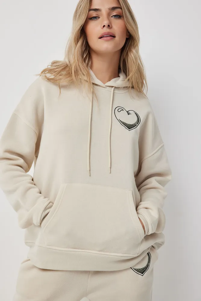 Ardene Ardene Oversized Graphic Hoodie in Beige | Size | Polyester | Fleece-Lined