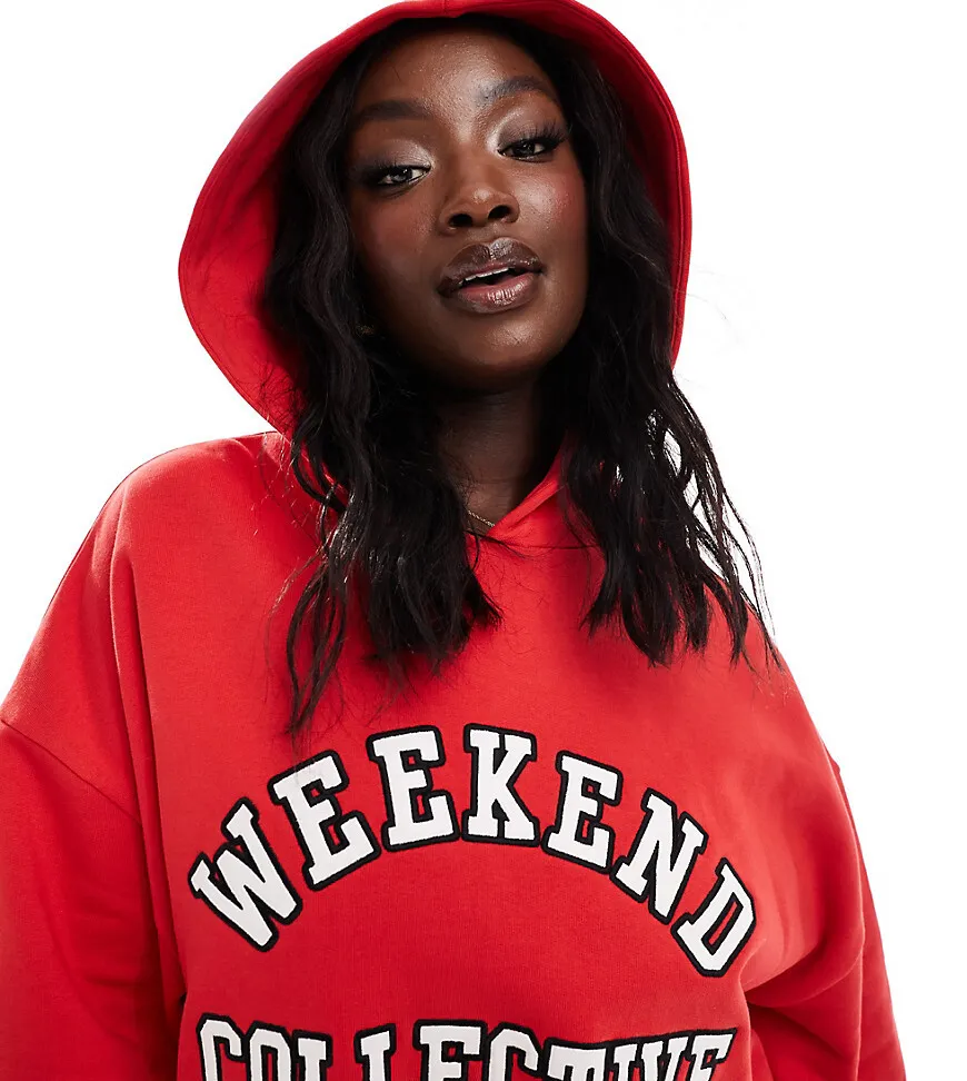 ASOS Weekend Collective Curve varsity oversized hoodie with varsity logo in red