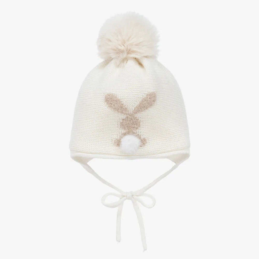 Baby Girls Ivory Pom-Pom Bunny Hat