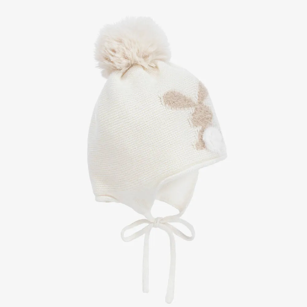 Baby Girls Ivory Pom-Pom Bunny Hat