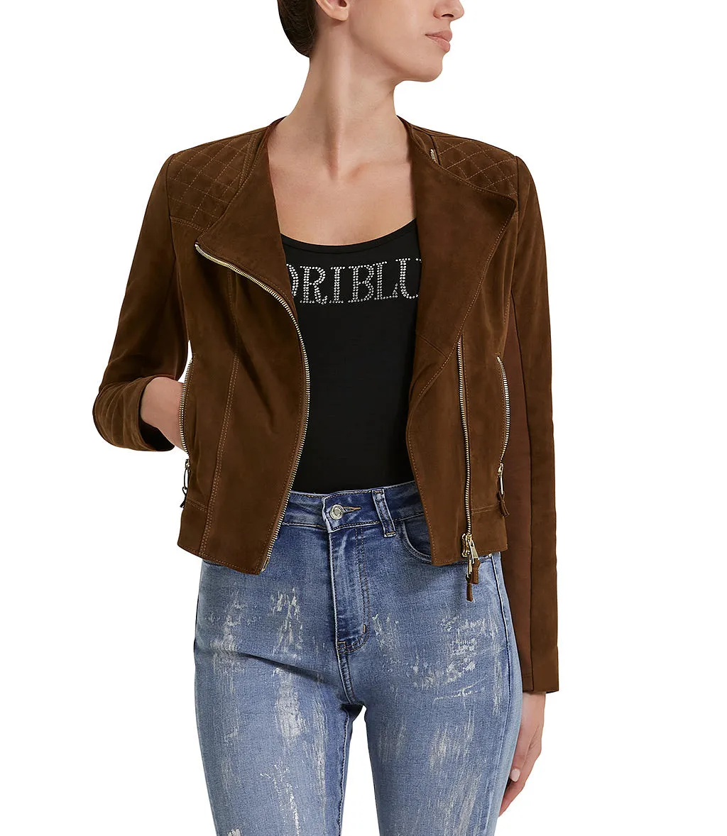 Biker style tobacco color suede jacket