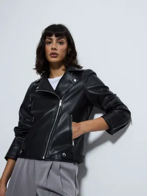 Black Faux Leather Biker Jacket | Women | George at ASDA