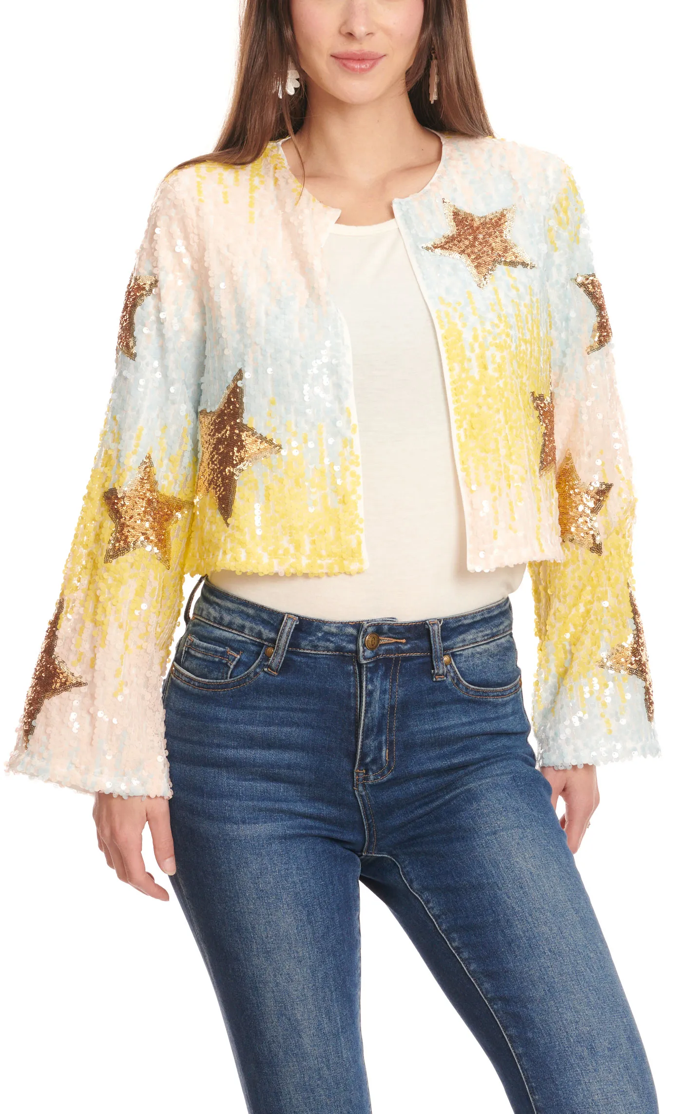 Blue B Women's Pale Pallet & Gold Star Sequined Cropped Jacket  