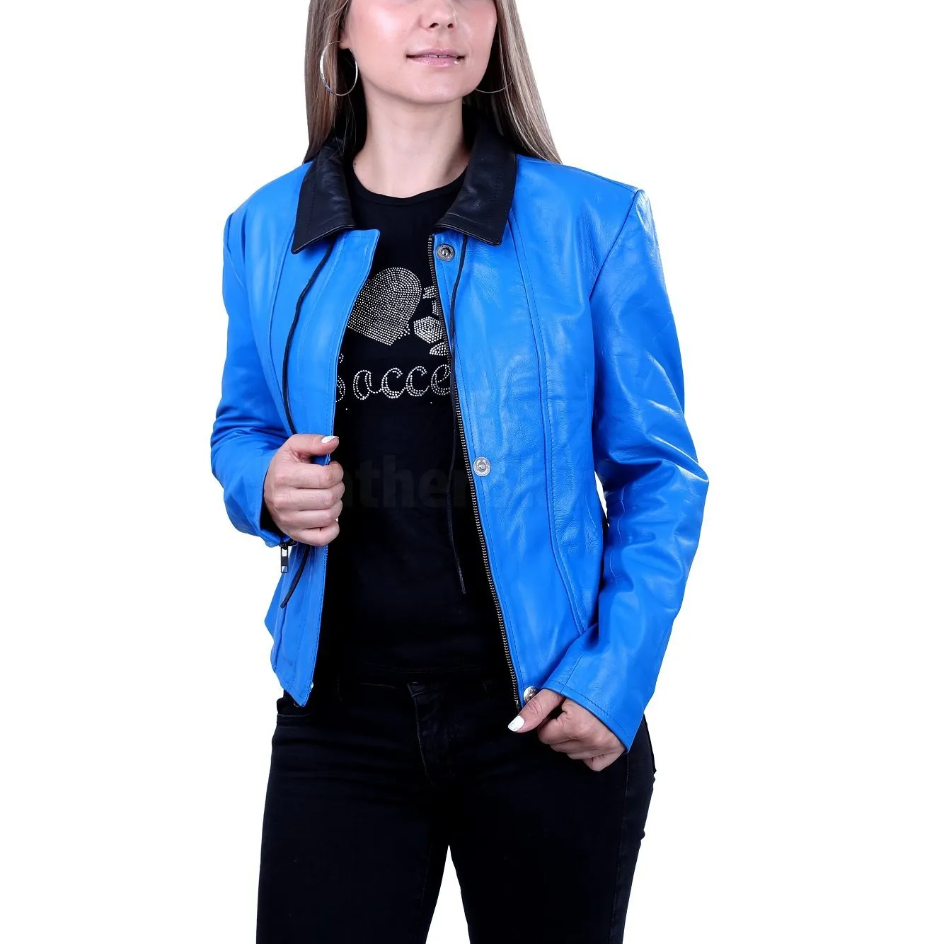 Blue Biker Leather Jacket for Women - Leather Skin Shop