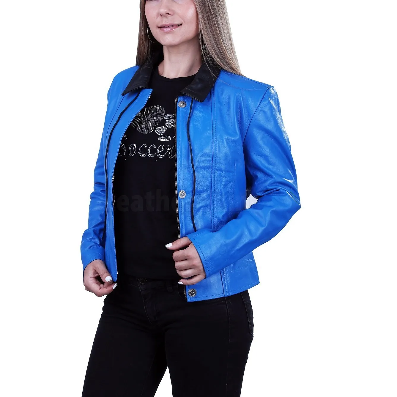 Blue Biker Leather Jacket for Women - Leather Skin Shop