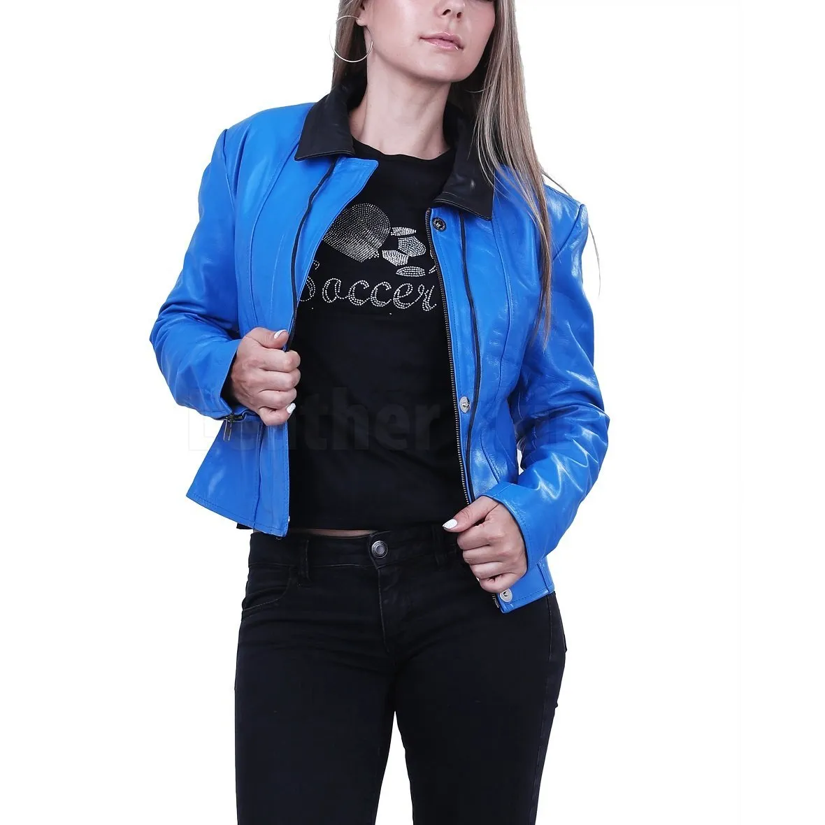 Blue Biker Leather Jacket for Women - Leather Skin Shop