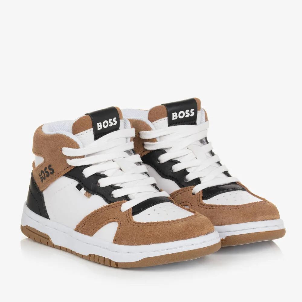 Boys White & Brown High Top Trainers