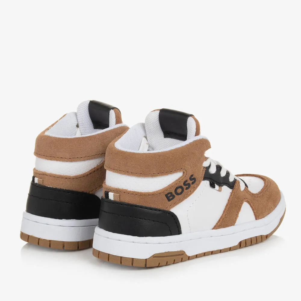 Boys White & Brown High Top Trainers