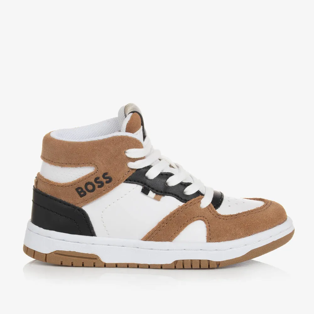 Boys White & Brown High Top Trainers