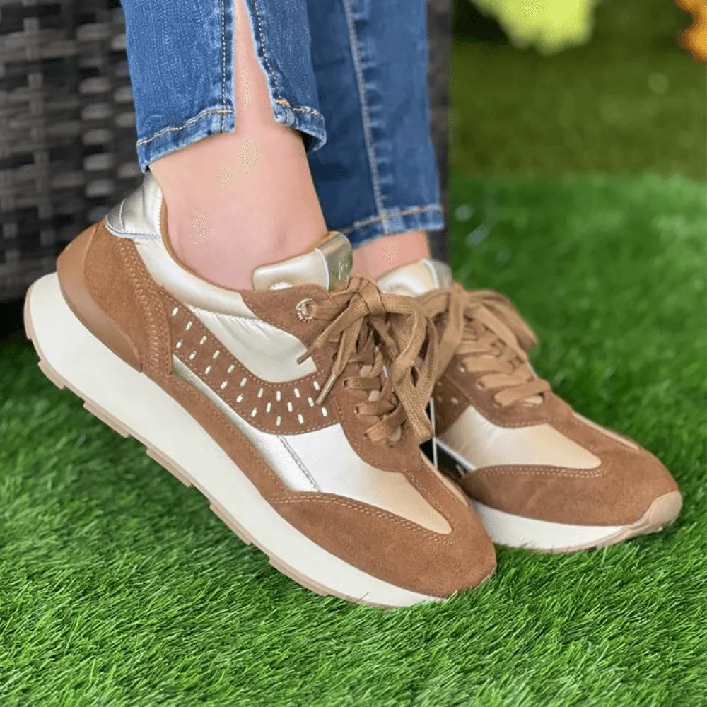 Carmela Ladies Tan Suede Parachute Material Trainers