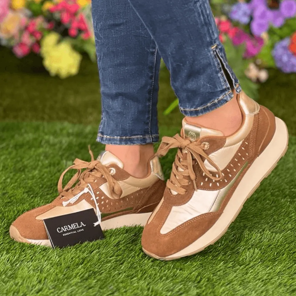 Carmela Ladies Tan Suede Parachute Material Trainers