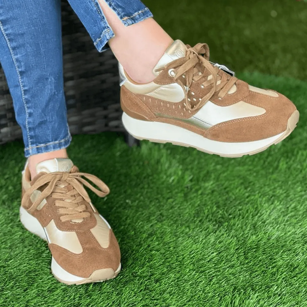 Carmela Ladies Tan Suede Parachute Material Trainers