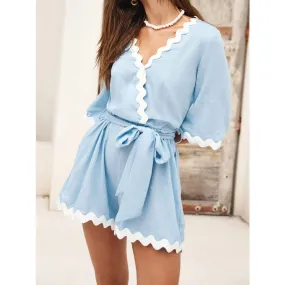 Contrast Trim Surplice Tie Waist Romper