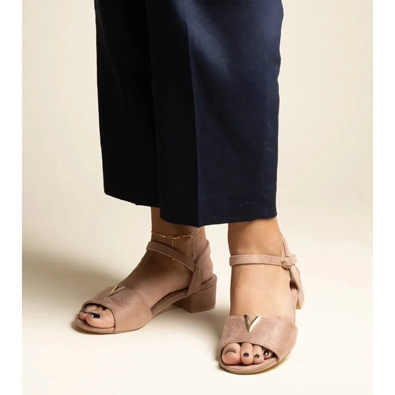 Dark beige low-heeled sandals with a Horner buckle