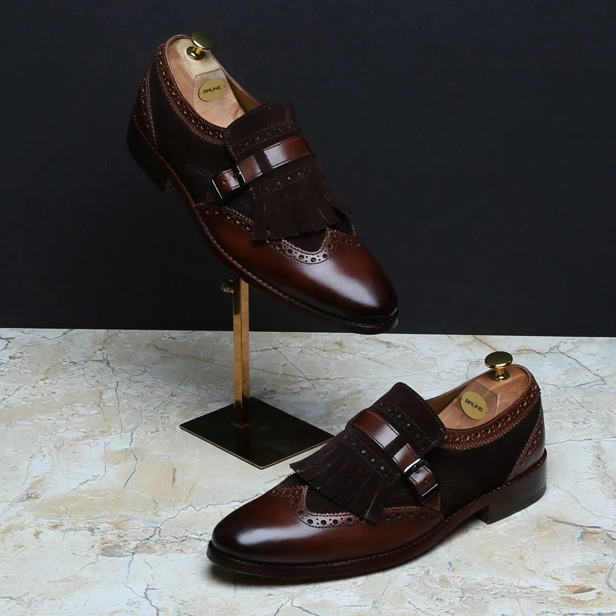 Dark Brown Leather Fringed Single Monk Strap Shoes By Brune & Bareskin