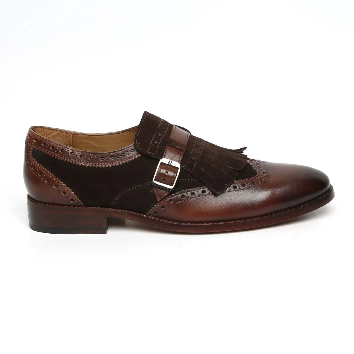 Dark Brown Leather Fringed Single Monk Strap Shoes By Brune & Bareskin