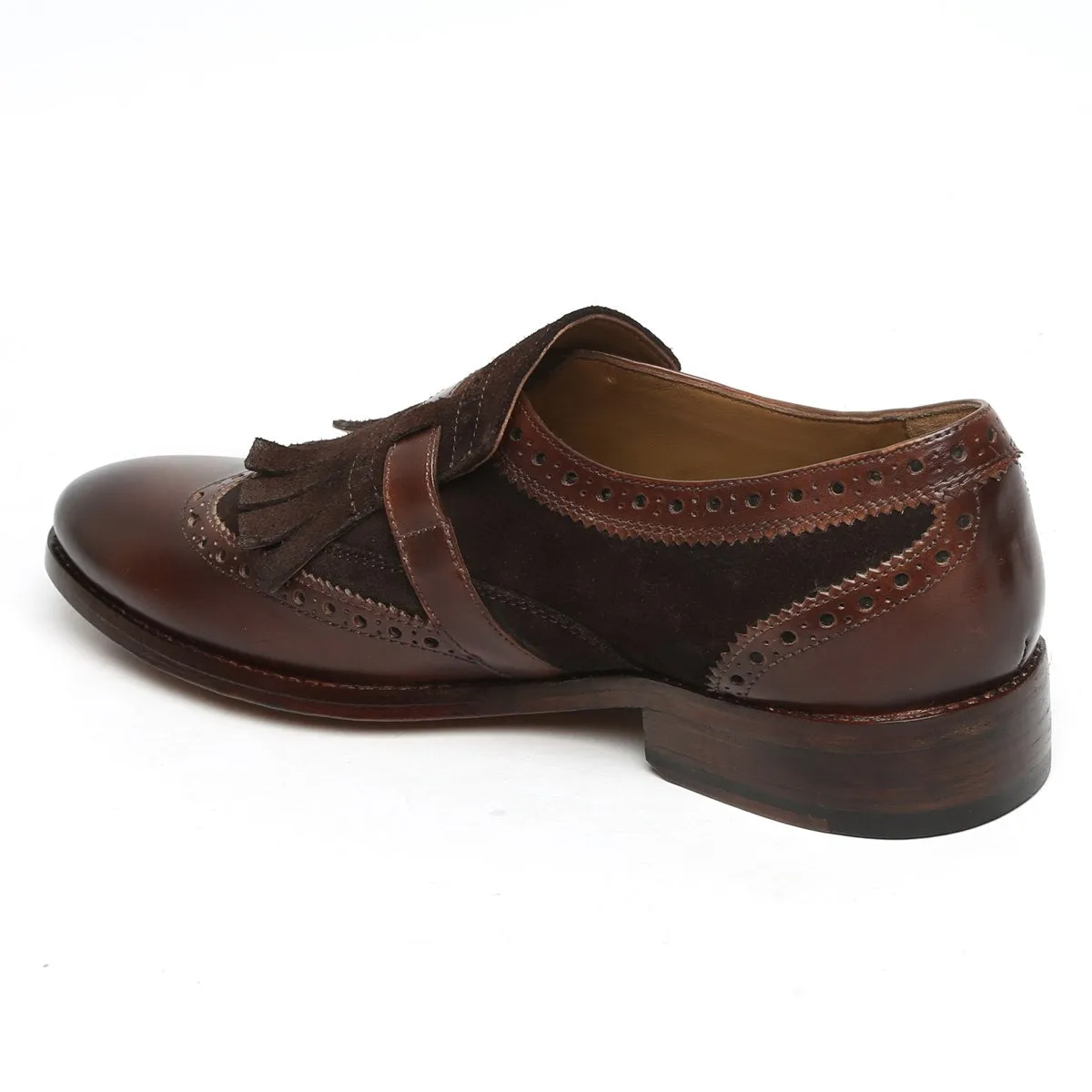 Dark Brown Leather Fringed Single Monk Strap Shoes By Brune & Bareskin