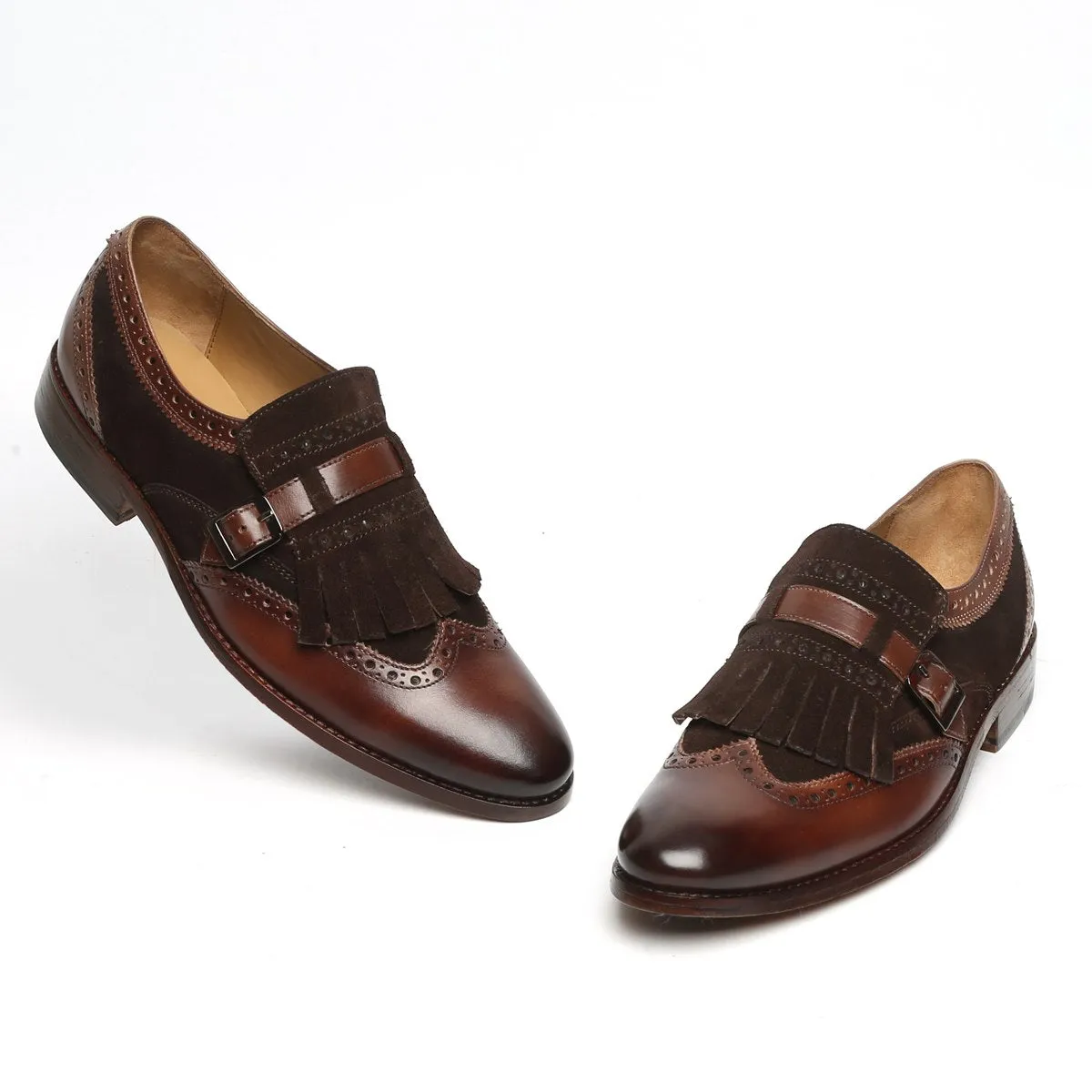 Dark Brown Leather Fringed Single Monk Strap Shoes By Brune & Bareskin