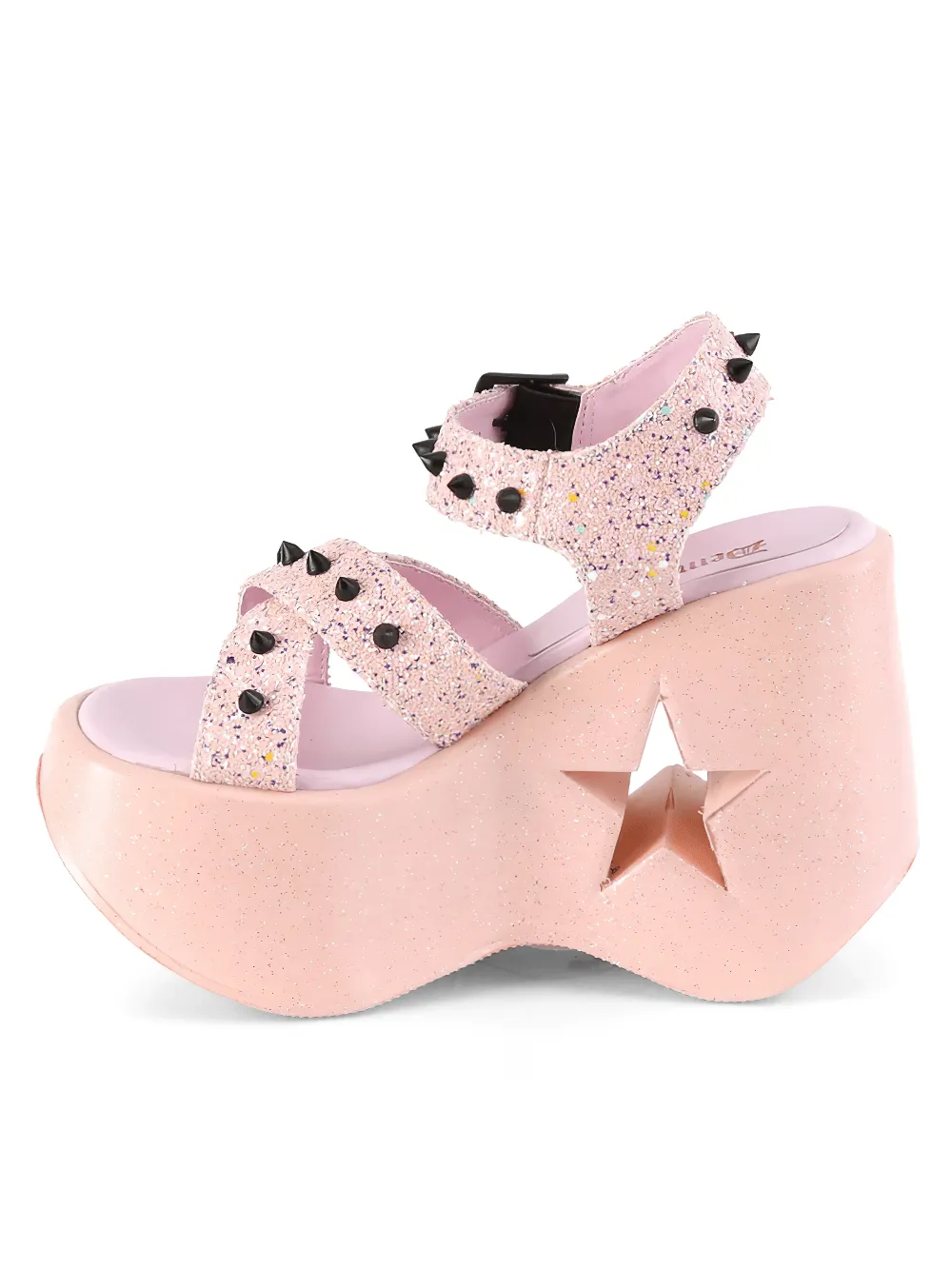 DEMONIA Pink Glitter Star Wedge Sandals with Spike Accents