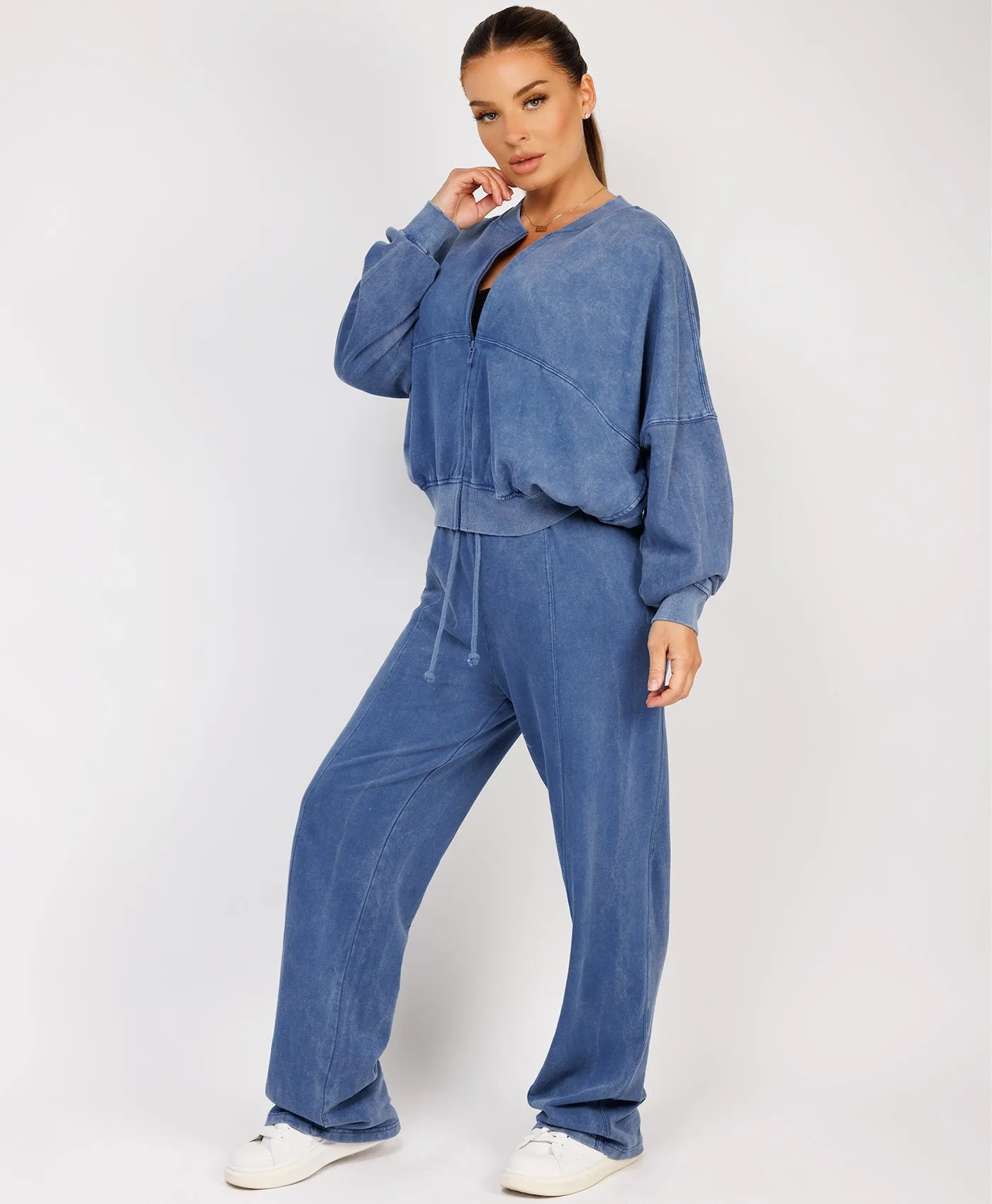 Denim Blue Stonewashed Zipped Bomber Jacket & Joggers Loungewear Set