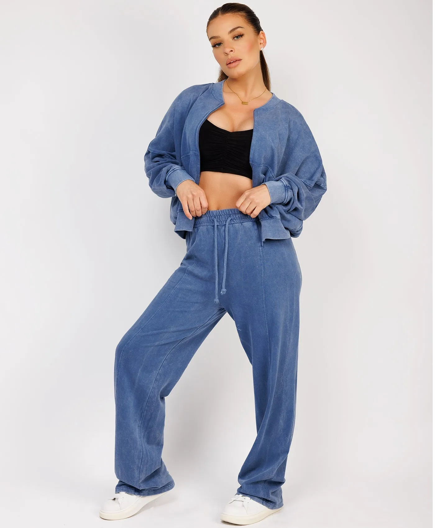 Denim Blue Stonewashed Zipped Bomber Jacket & Joggers Loungewear Set