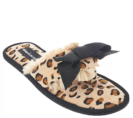 Dennis Basso Faux Fur Animal Print Slipper Sandals with Bow