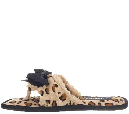 Dennis Basso Faux Fur Animal Print Slipper Sandals with Bow