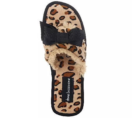 Dennis Basso Faux Fur Animal Print Slipper Sandals with Bow