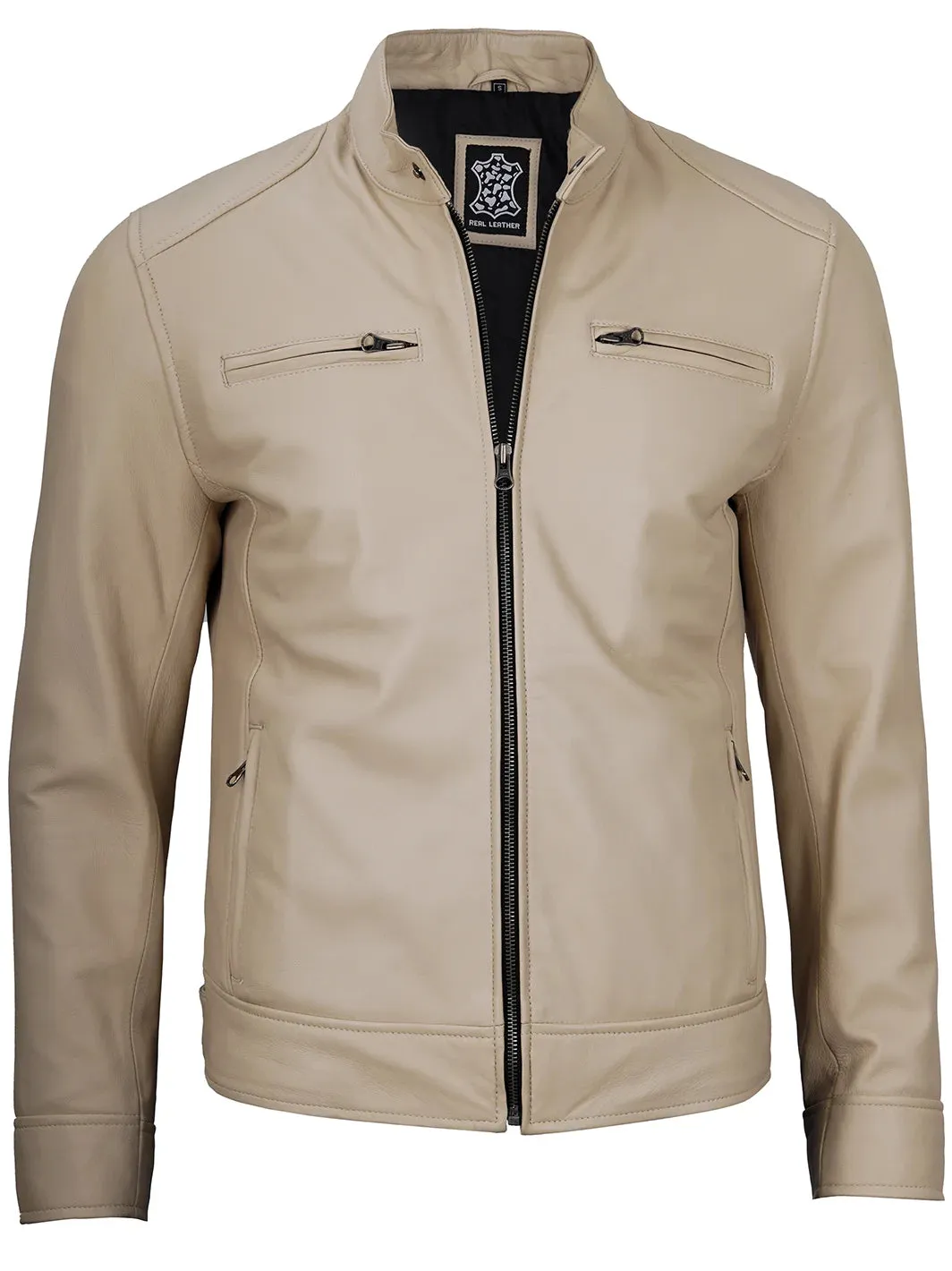 Dodge Beige Cafe Racer Leather Biker Jacket