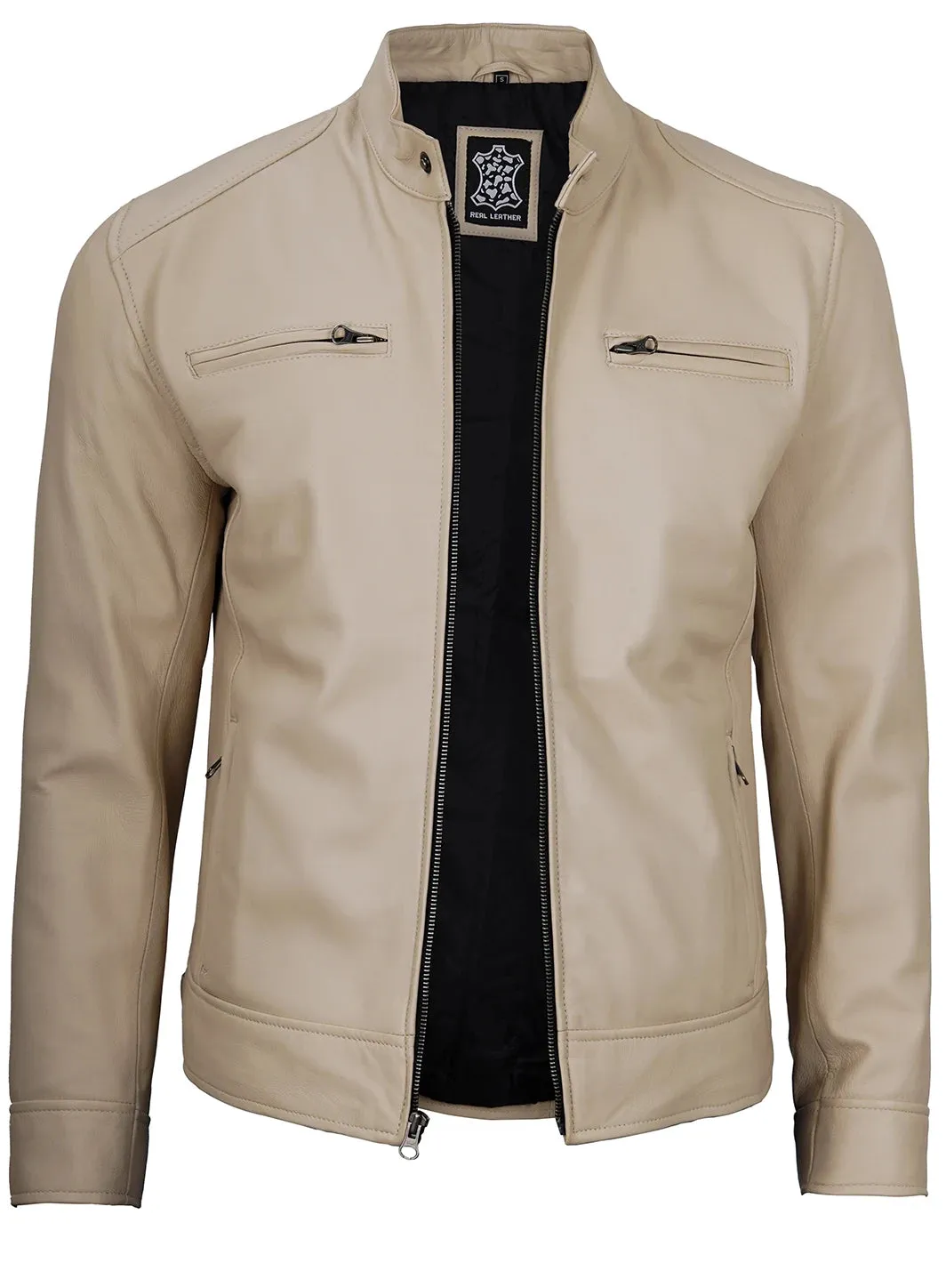 Dodge Beige Cafe Racer Leather Biker Jacket