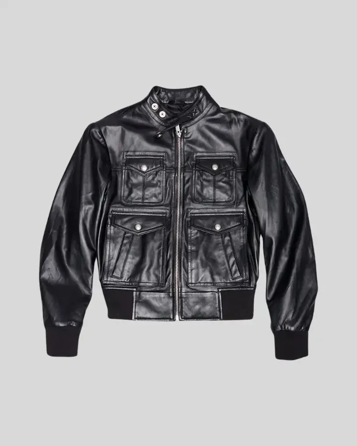 Emma Black Leather Bomber Jacket with Four-Pocket Design