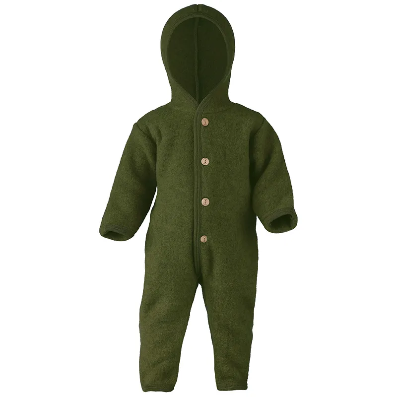 Engel Baby 100% Merino Wool Fleece Hooded Suit with Wooden Buttons - Reed Melange