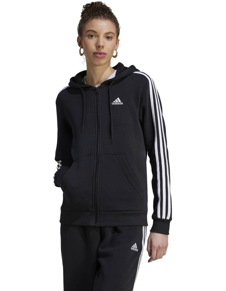 Essentials 3-Stripes Full-Zip Fleece Hoodie in Black/White