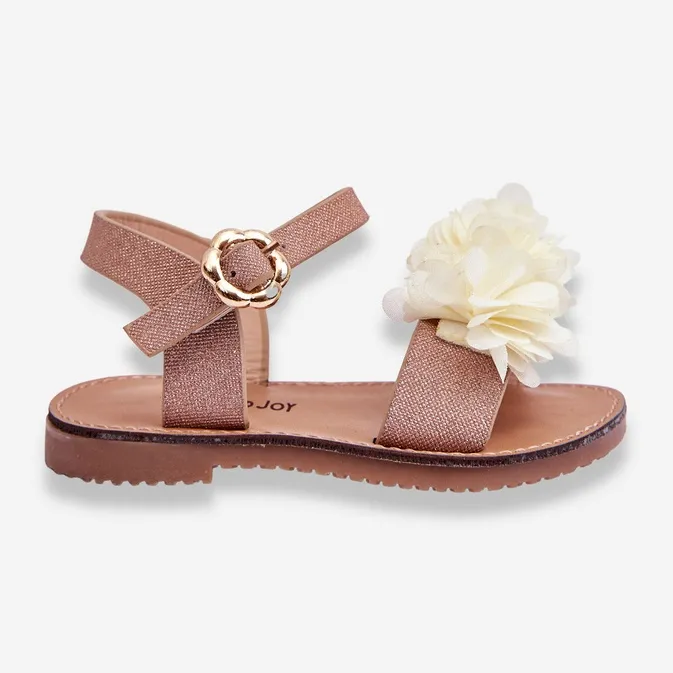 Fashionable Children's Sandals With Beige-Golden Poly Flowers