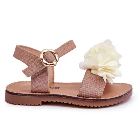 Fashionable Children's Sandals With Beige-Golden Poly Flowers