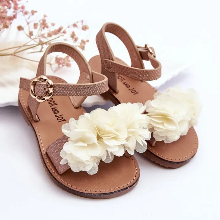 Fashionable Children's Sandals With Beige-Golden Poly Flowers