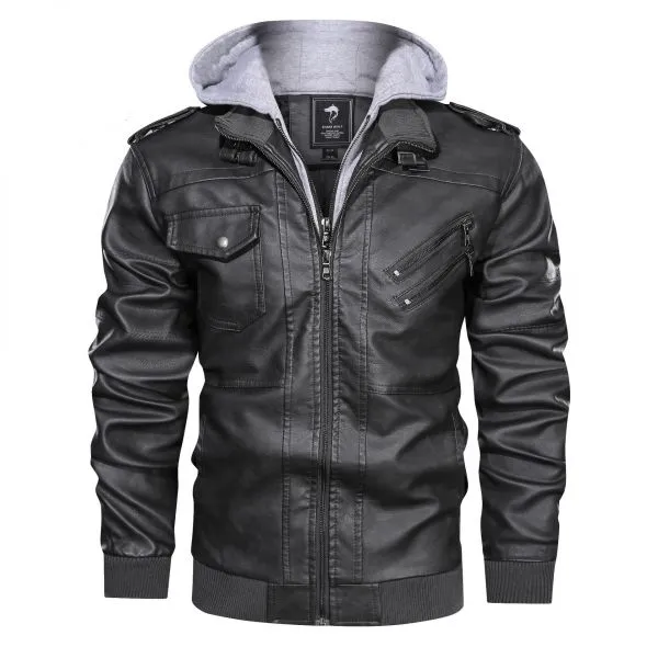 Faux leather biker hooded jacket in black for men