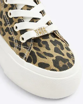 Girls brown canvas leopard platform trainers