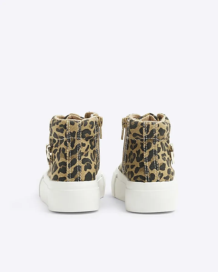 Girls brown canvas leopard platform trainers