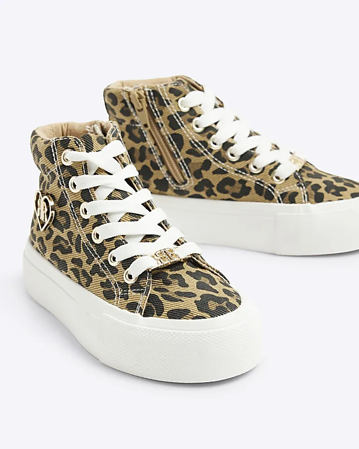 Girls brown canvas leopard platform trainers