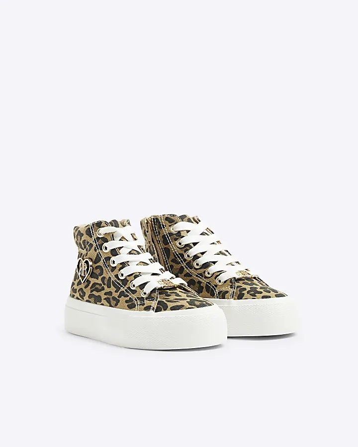 Girls brown canvas leopard platform trainers