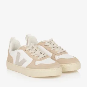 Girls White & Beige Leather V-10 Trainers