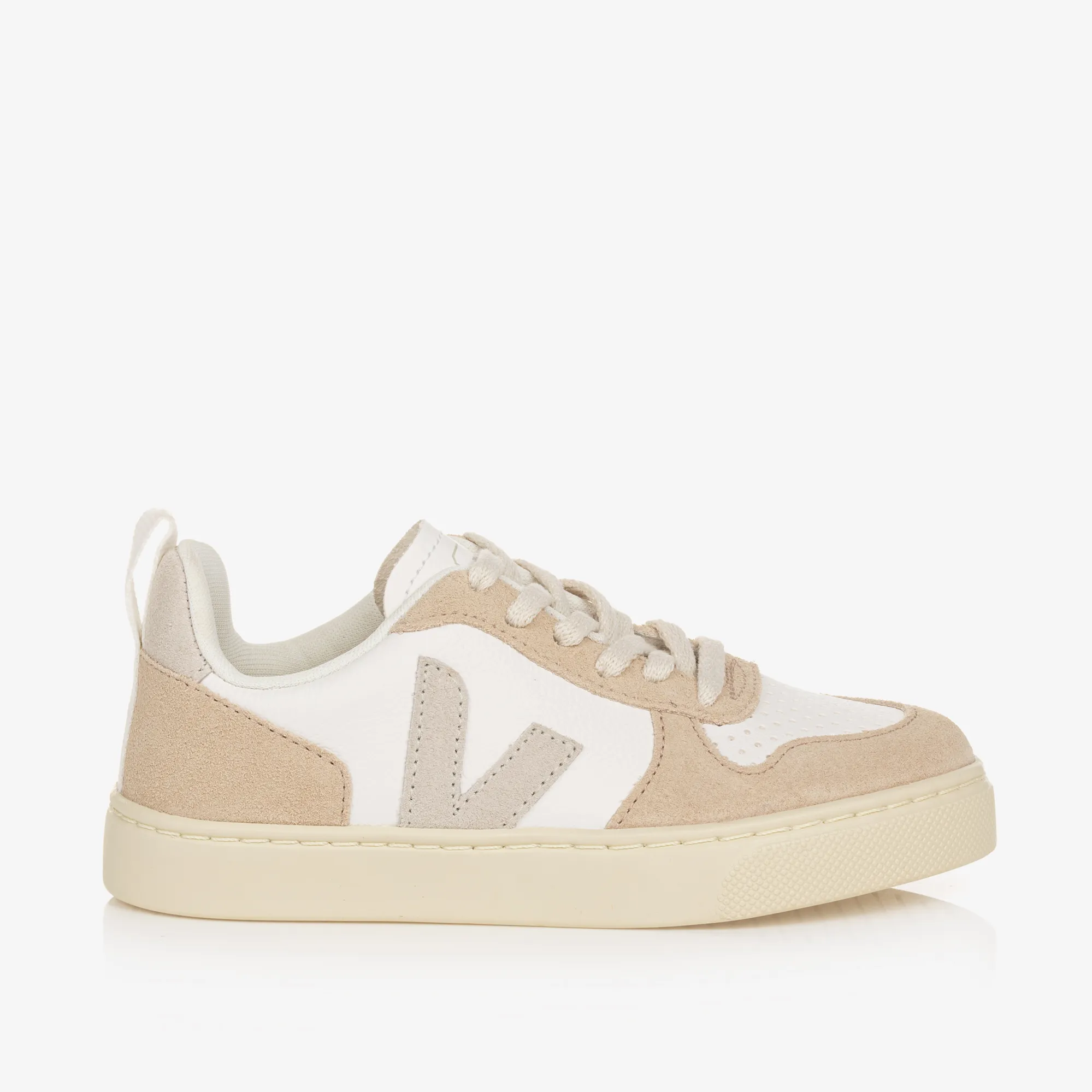 Girls White & Beige Leather V-10 Trainers