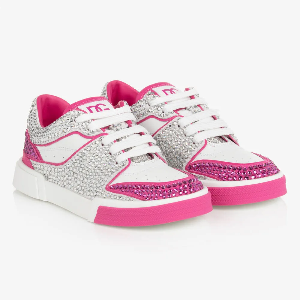 Girls White & Pink Rhinestone Leather Trainers