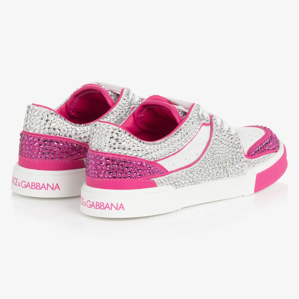 Girls White & Pink Rhinestone Leather Trainers